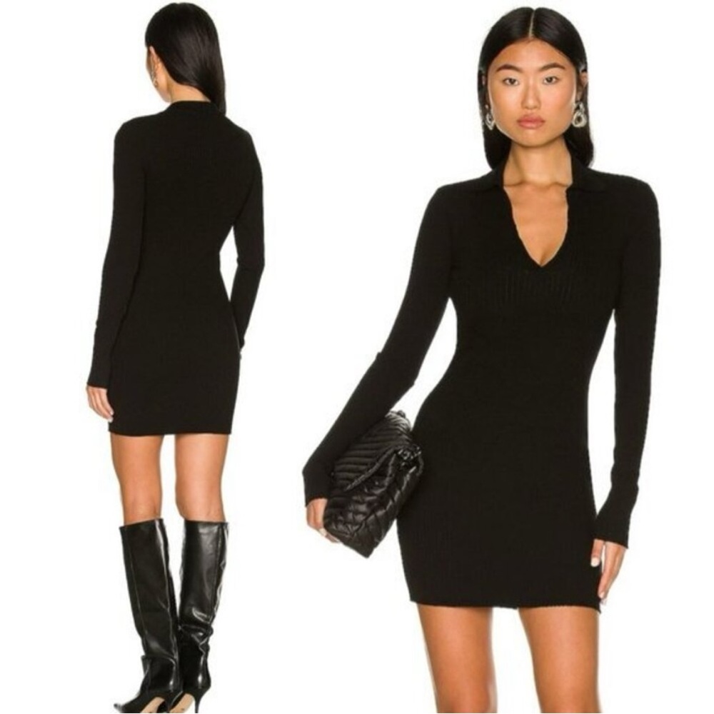 Cotton Citizen Ibiza Long Sleeve Polo Dress in Ribbed Black Size Small